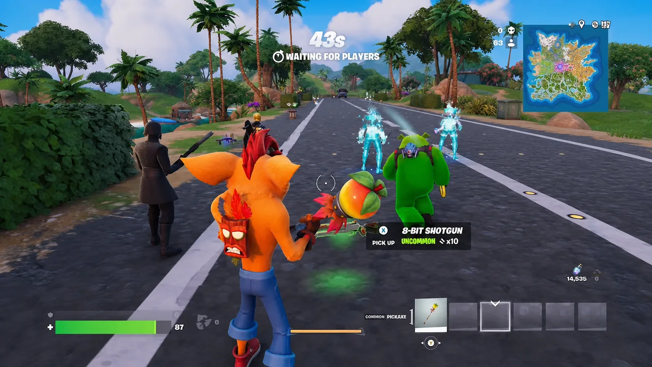 Pick up prompt for the 8-Bit Shotgun on the Fortnite pre-game island