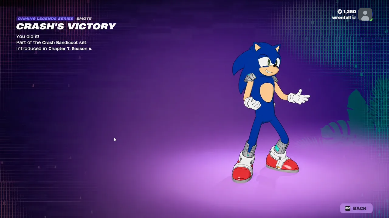 The CRASH'S VICTORY emote screen mid-preview, showing the spin animation on a non-Crash character.