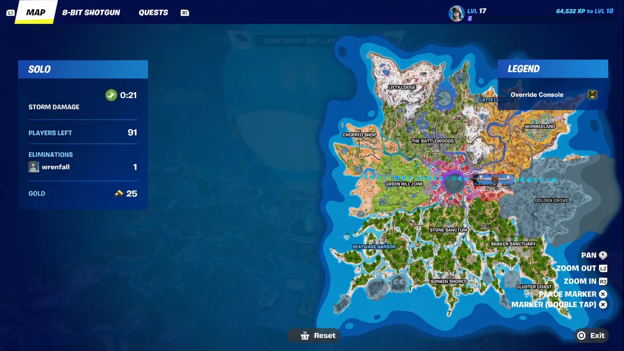 Fortnite map screen open during a Solo match with a landing spot marked near Green Hill Zone