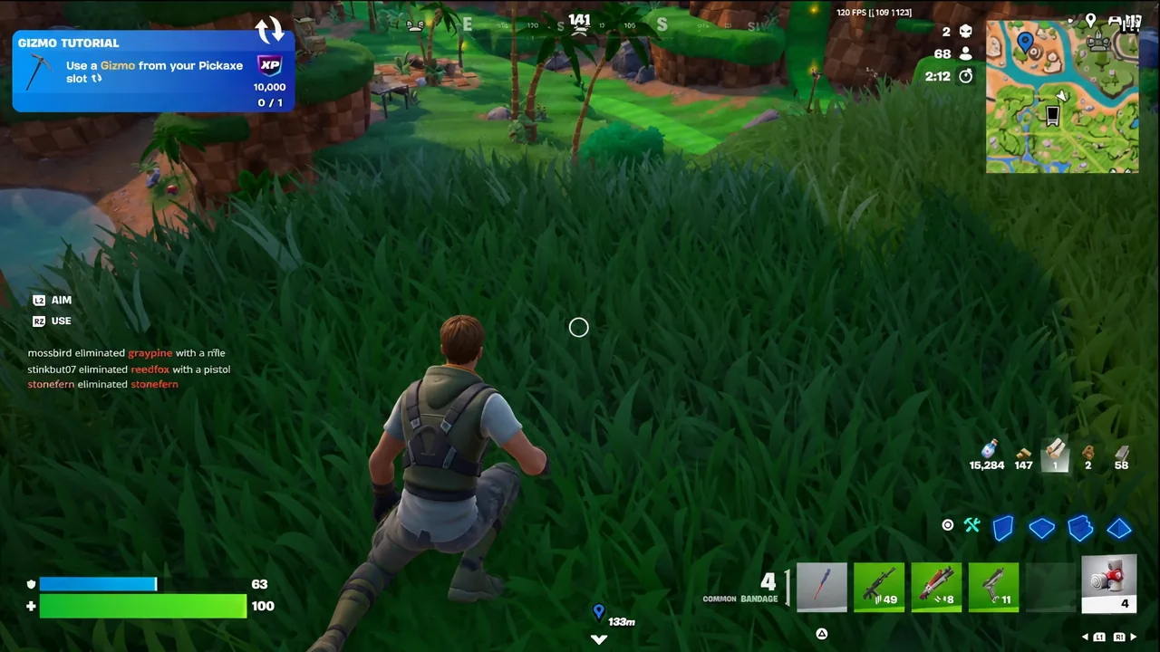 Gizmo Tutorial panel in a Fortnite match telling the player to use a Gizmo from the Pickaxe slot