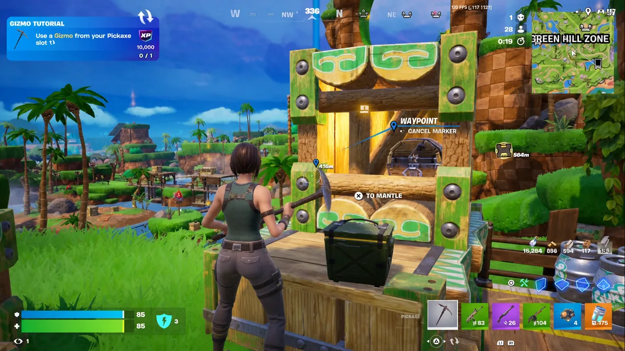 Player approaching a wall in Fortnite with a mantle prompt on screen while holding a gizmo