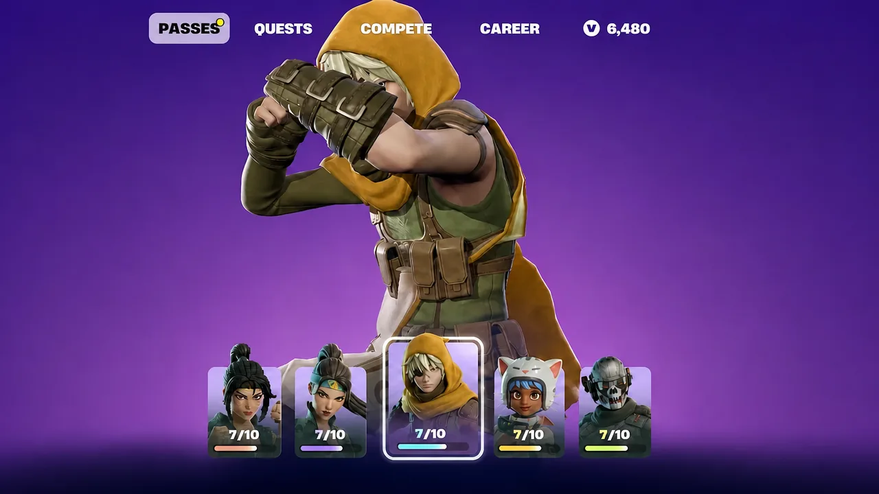 Fortnite Passes screen showing the Sandstalker Bastian reward page with a character preview and 7 of 10 progress