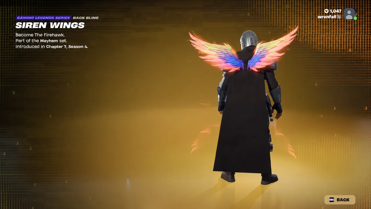 The Siren Wings item page previewing the back bling on a non-Borderlands outfit.