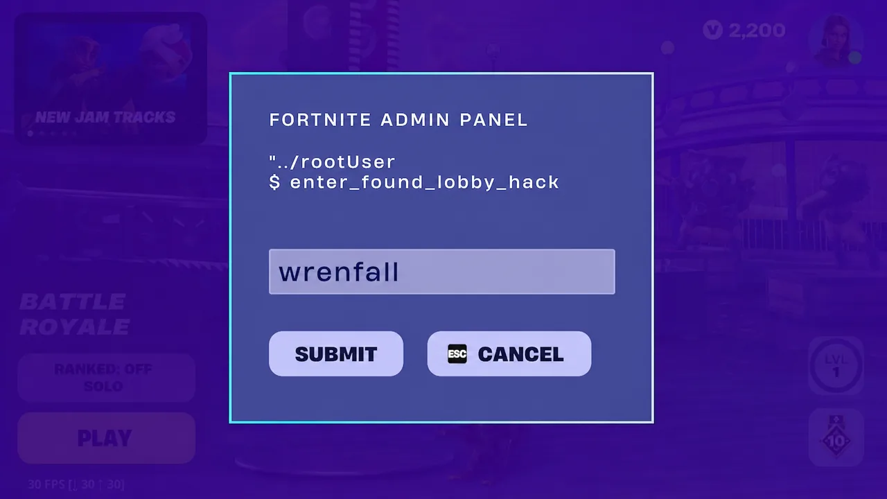Fortnite Admin Panel with BerryGlitch typed into the code field before hitting Submit