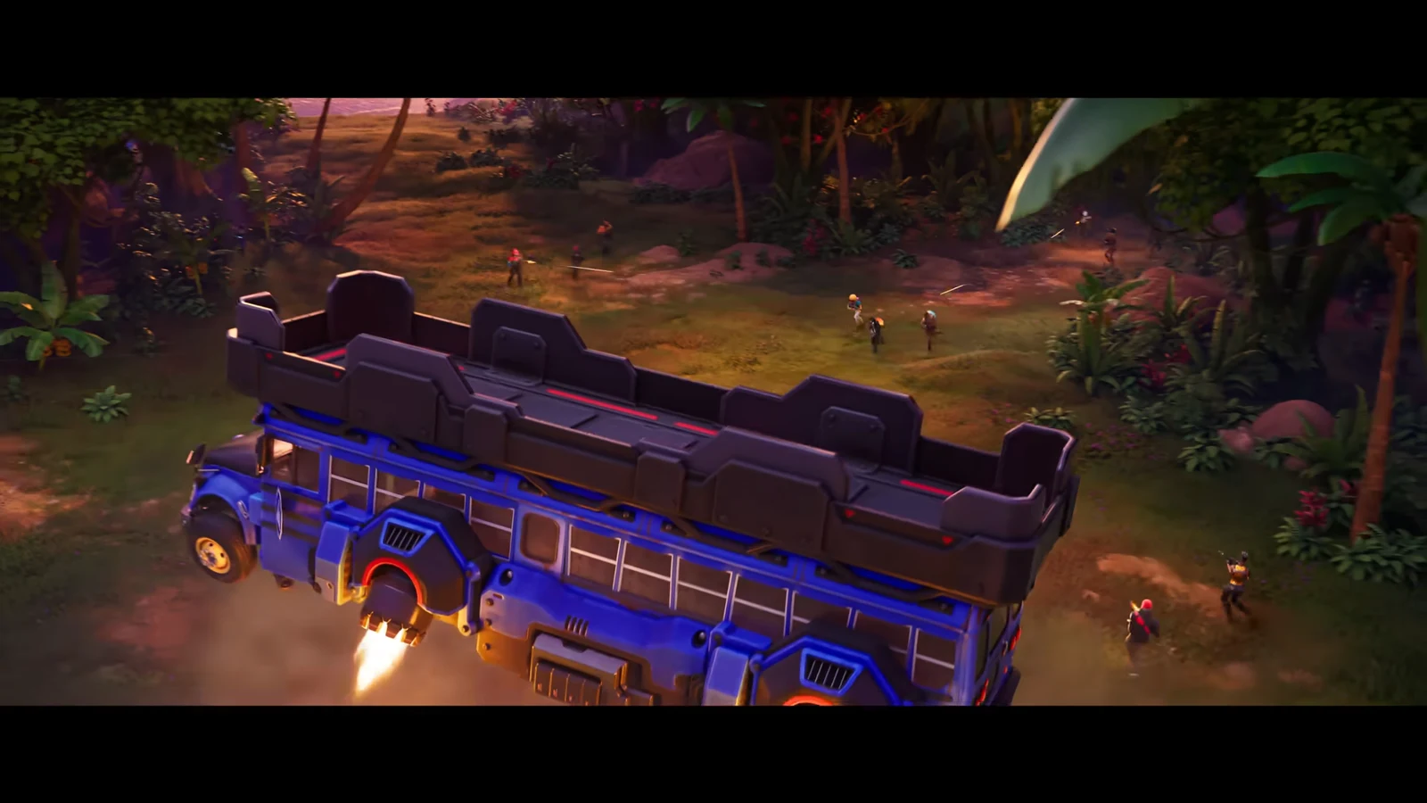 A blue Battle Bus launches over jungle terrain while players scatter below at sunset.