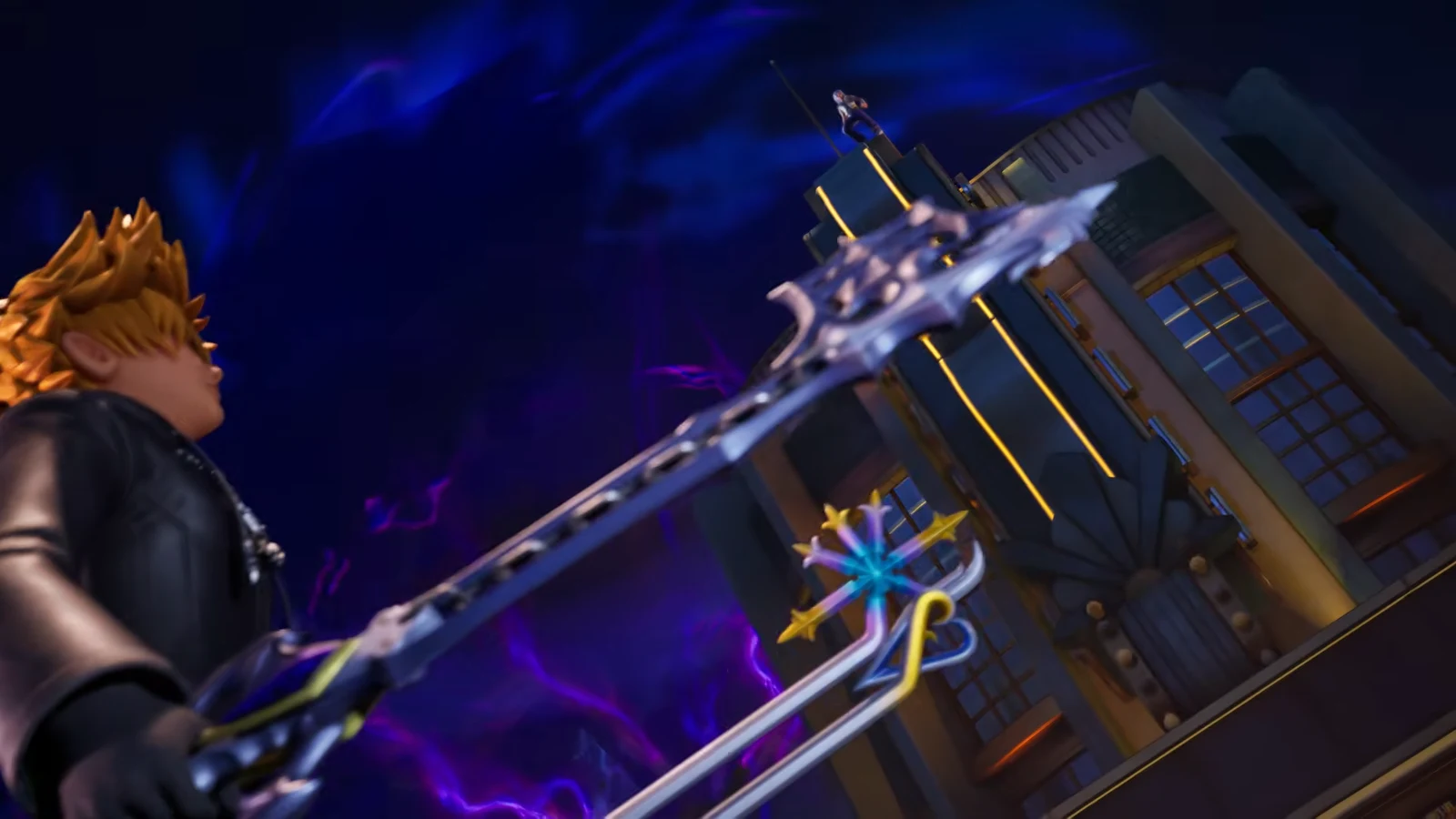 Roxas in his black Organization XIII coat walking a neon-lit street flanked by Heartless