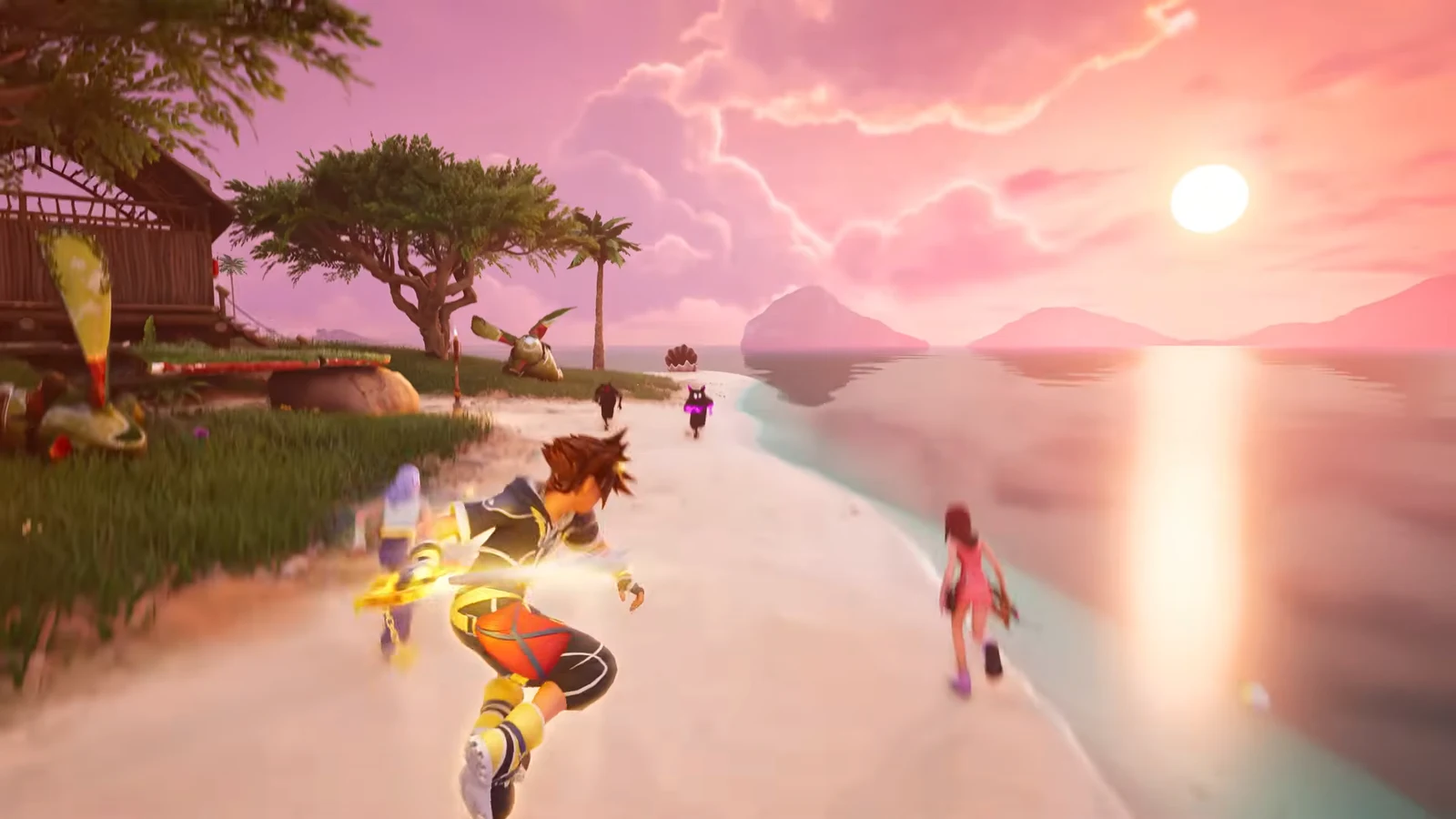 Sora, Riku, and Kairi rendered in Fortnite's art style on the beach at Destiny Islands