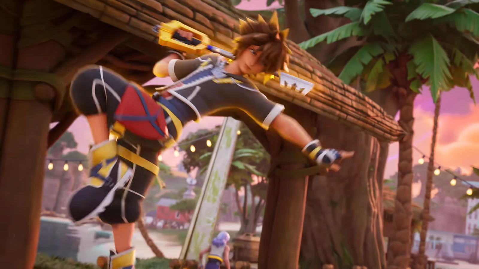 Sora grinding a glowing golden rail above a wooden dock at sunset
