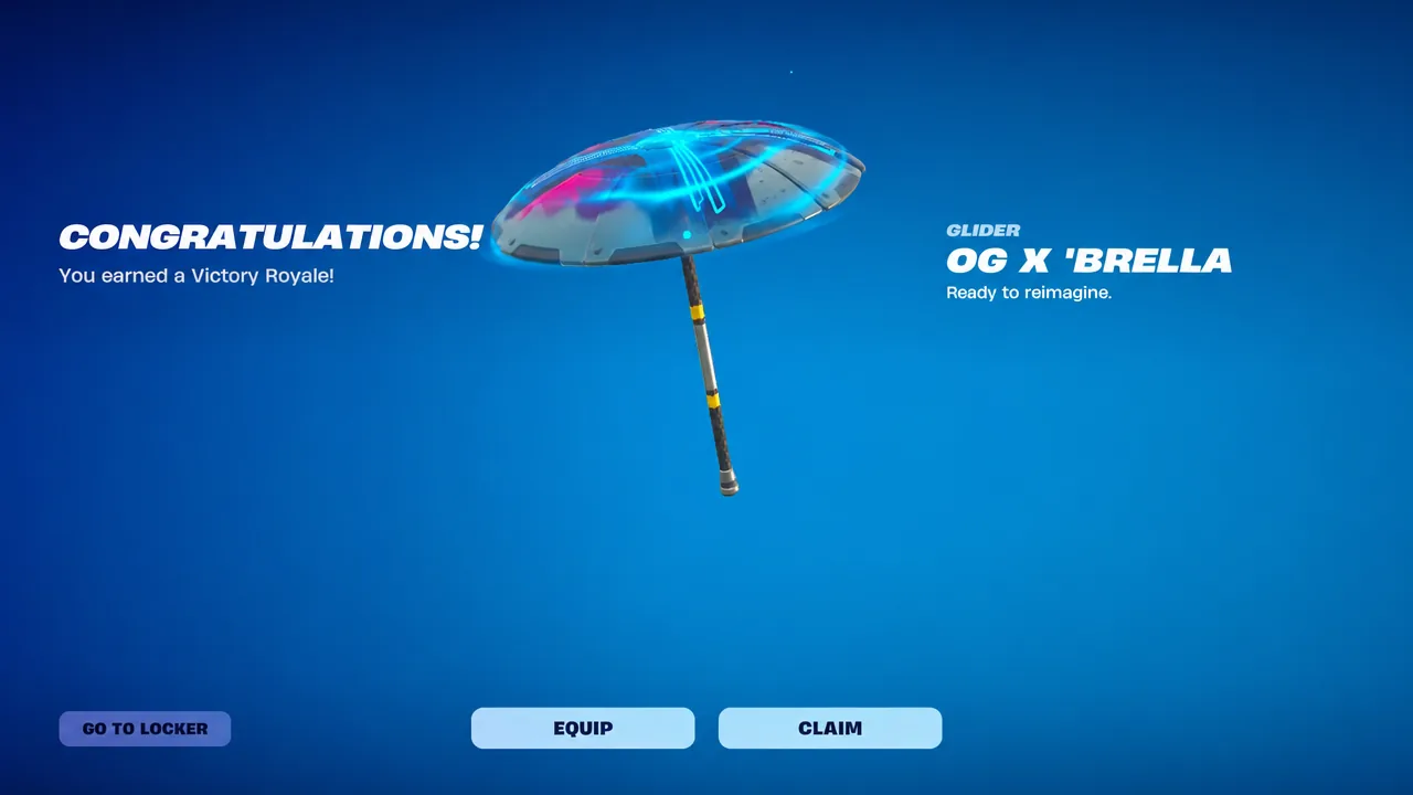 Congratulations screen after a Victory Royale with the EQUIP button highlighted for the OG X 'Brella