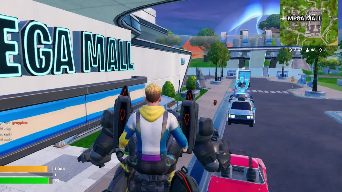 A B.R.U.T.E. mech moving through the Mega Mall point of interest during a Fortnite OG match
