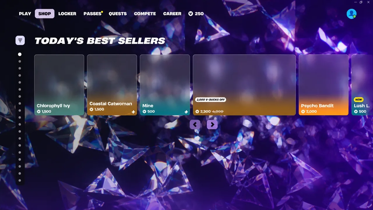 Fortnite Item Shop with the SHOP tab open and the Today's Best Sellers carousel on screen