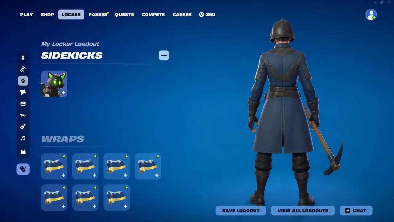 My Locker Loadout screen with the Sidekicks tab open showing an equipped sidekick and wraps