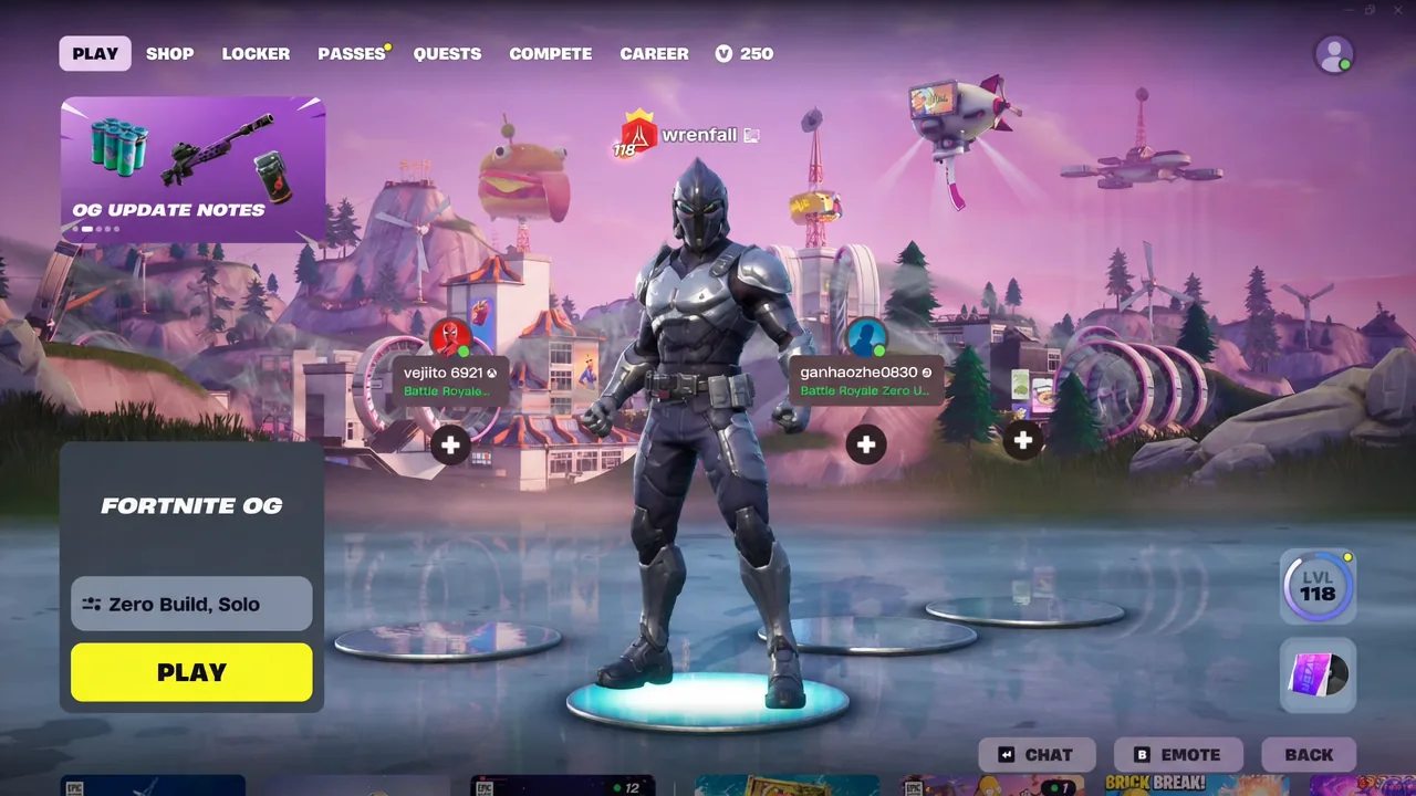 Fortnite lobby with the OG Pass entry point before the Season X changeover