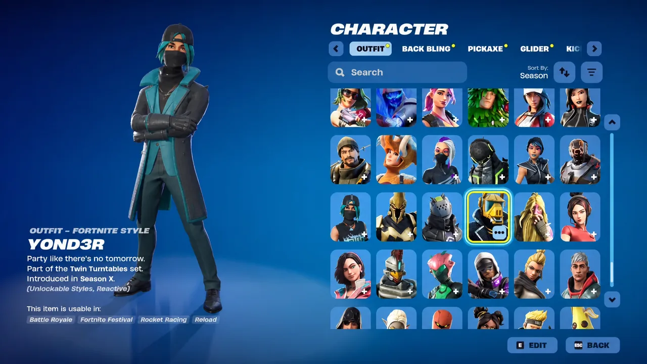Character screen Outfit tab with the Yond3r outfit highlighted in the item grid