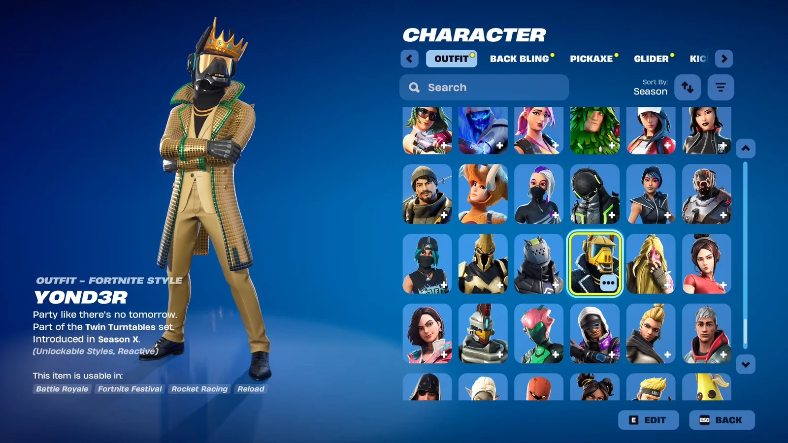 Character screen Outfit tab with the Yond3r outfit highlighted in the item grid