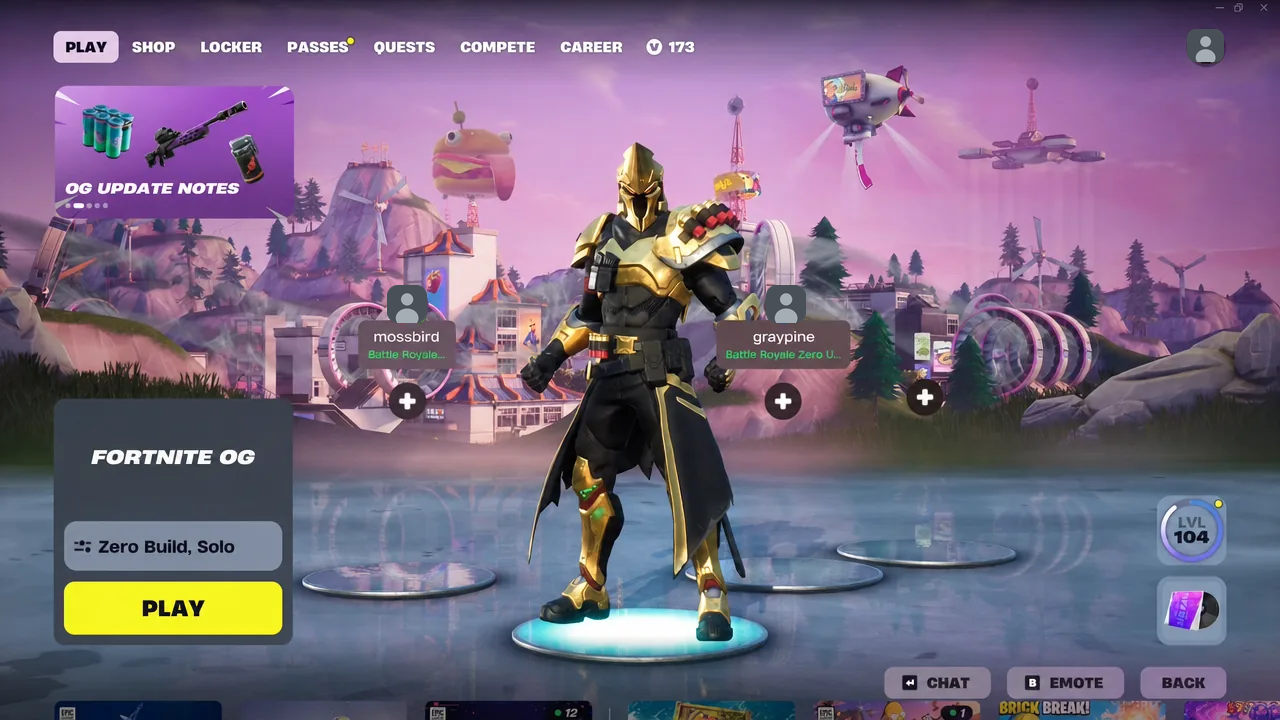 Fortnite lobby with the OG Pass entry point before the Season X changeover