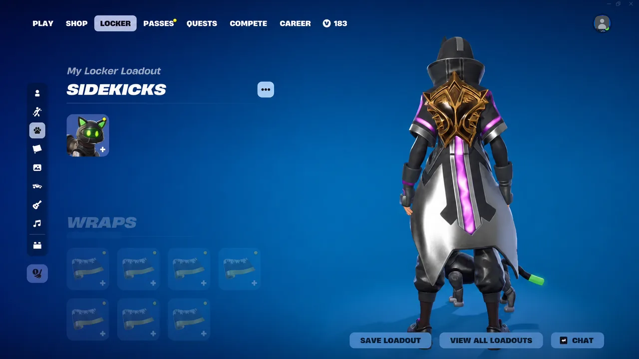 My Locker Loadout screen with the Sidekicks tab open showing an equipped sidekick and wraps