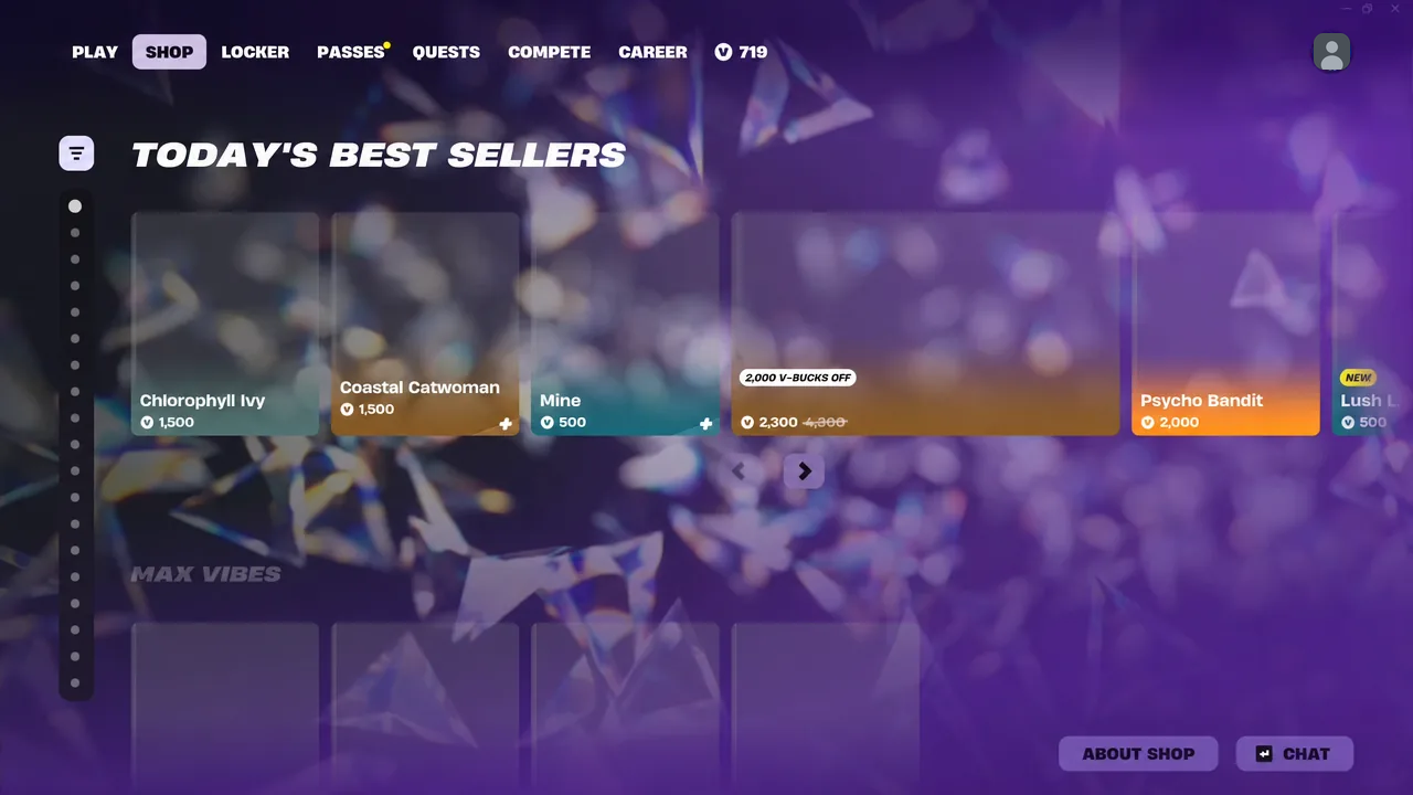 Fortnite Item Shop with the SHOP tab open and the Today's Best Sellers carousel on screen