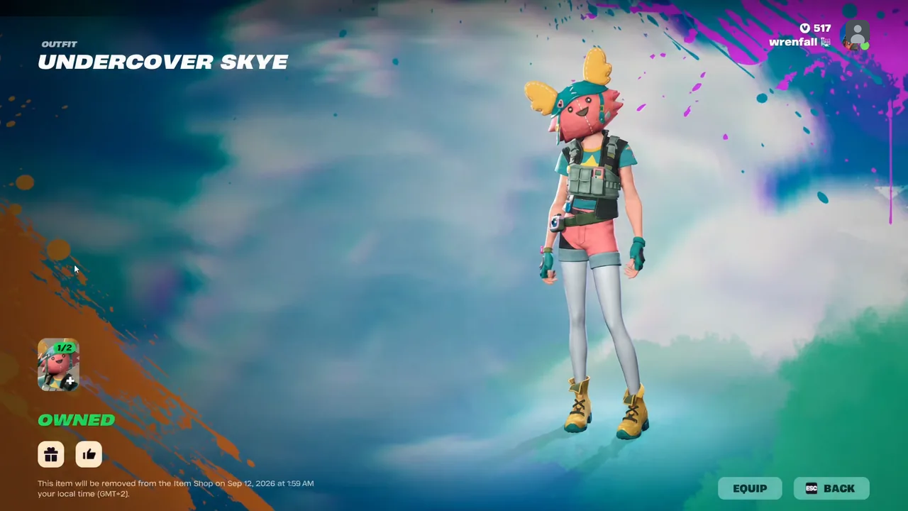 Undercover Skye selected on the outfit screen and ready to equip