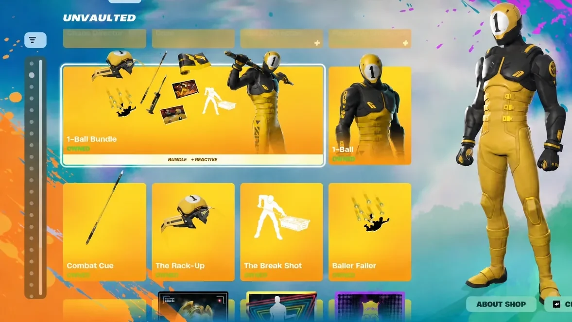 1-Ball Bundle selected on the unvaulted Fortnite shop screen with an outfit preview