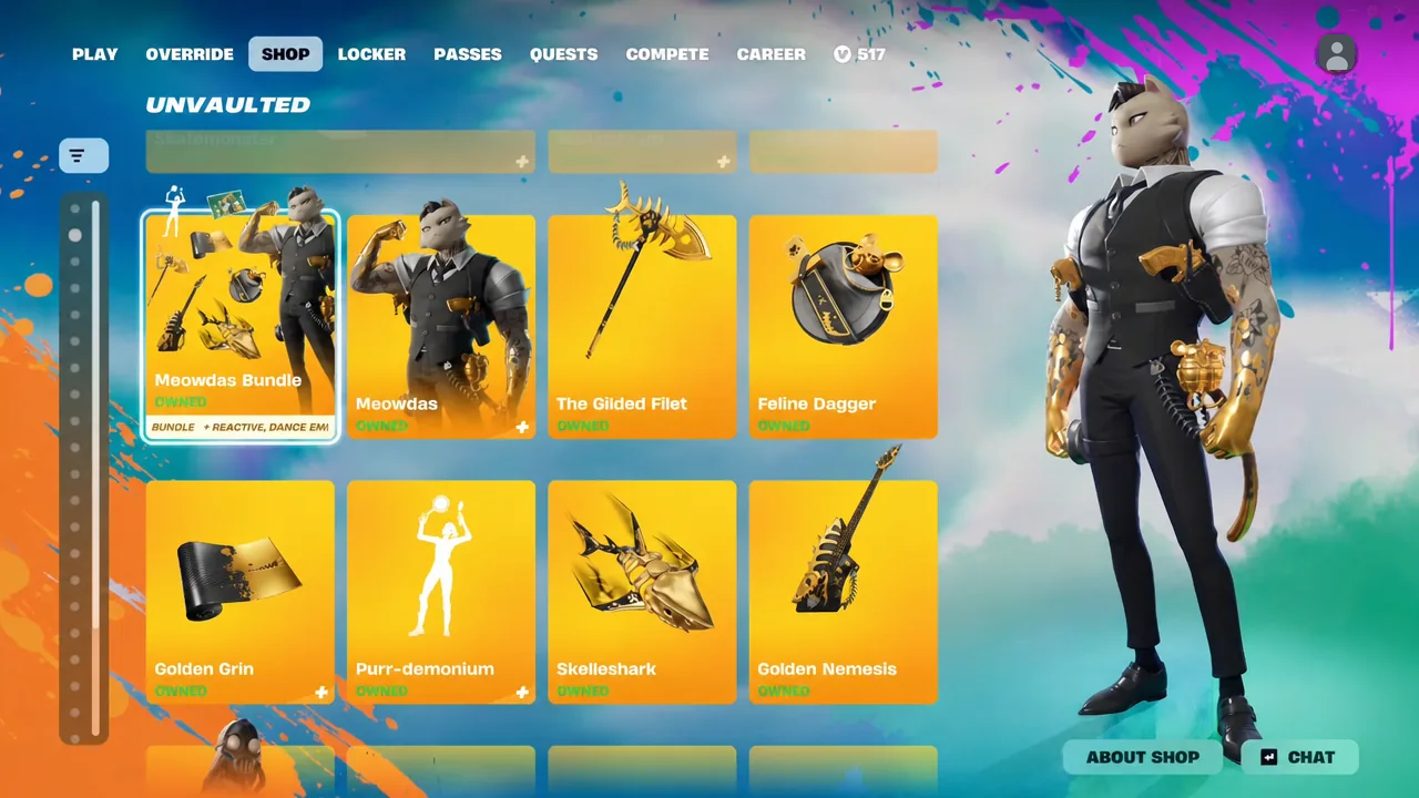 Meowdas Bundle highlighted in the unvaulted Season Remix row of the Fortnite Item Shop