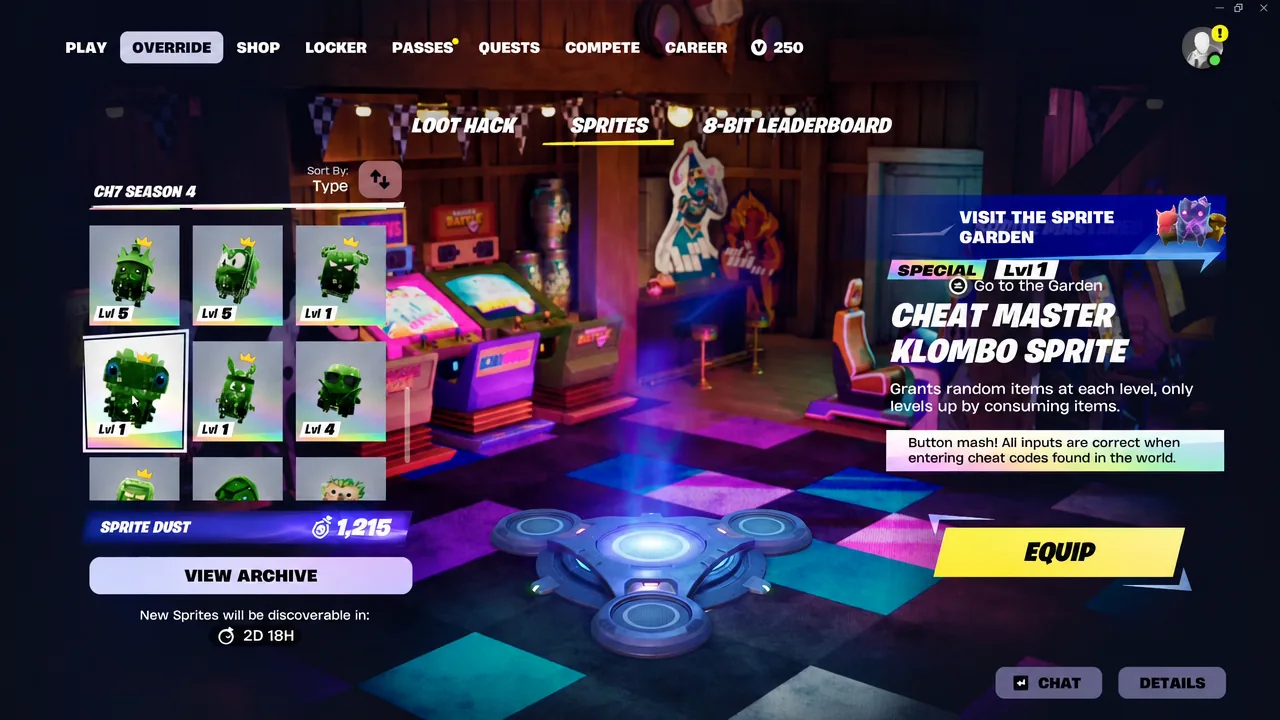 Override menu open on the Sprites tab showing collected Sprites