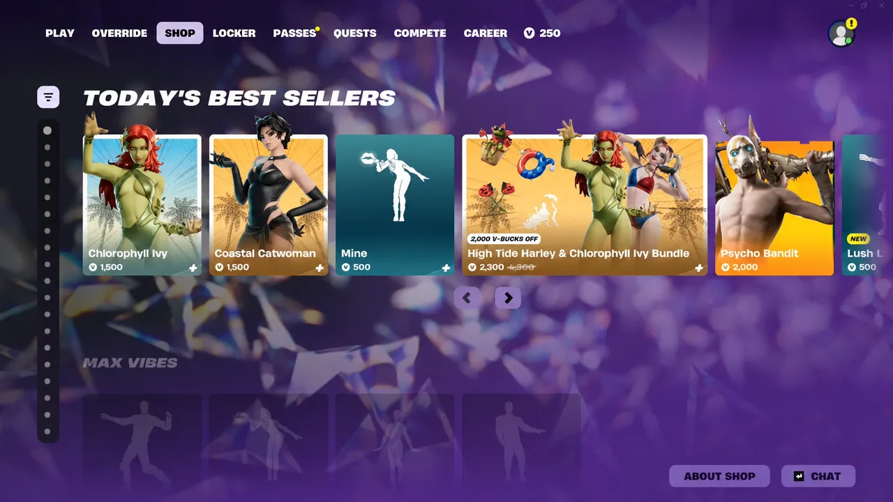 Fortnite Shop screen with the SHOP tab selected showing the Today’s Best Sellers carousel