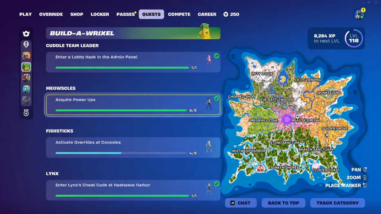 Quests screen showing the Meowscles Acquire Power Ups quest completed at 8 out of 8