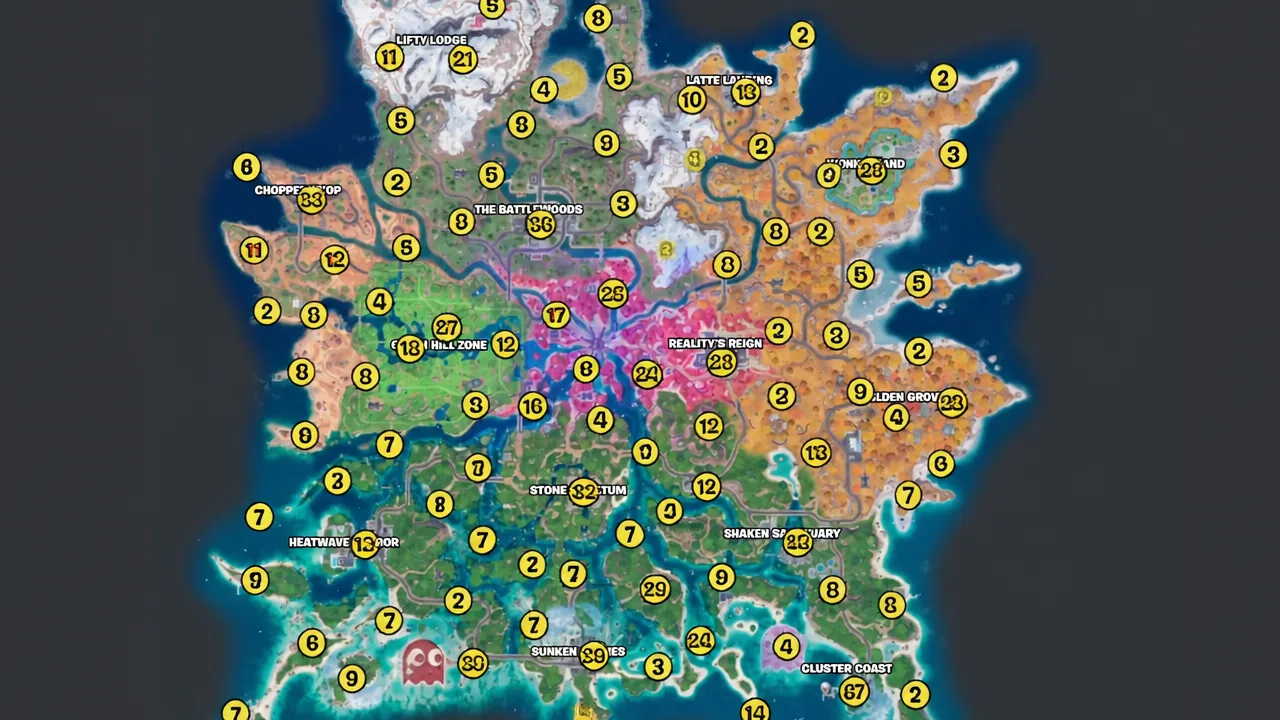 Island map screen with numbered markers over named points of interest