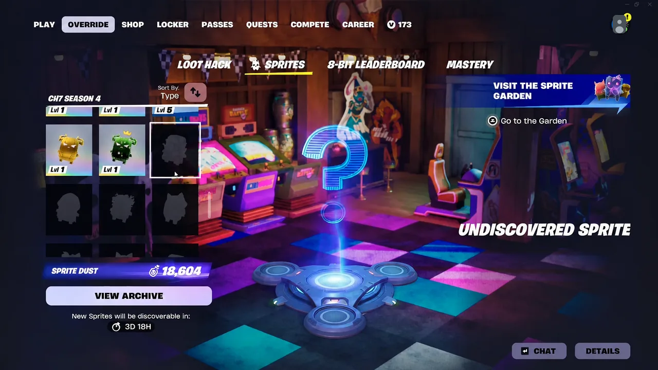 Sprites menu showing an undiscovered Level 5 Sprite tile selected with the Go to the Garden option
