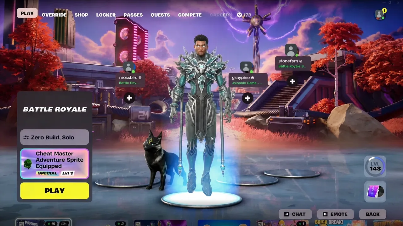 Fortnite Battle Royale lobby with the PLAY button highlighted for a Zero Build Solo match