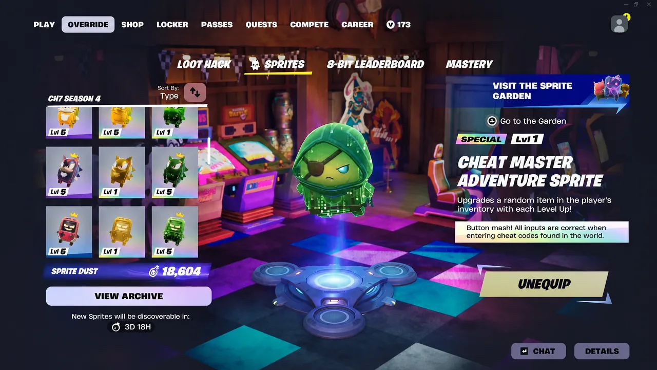Sprites menu with a Cheat Master Adventure Sprite equipped, showing the UNEQUIP button
