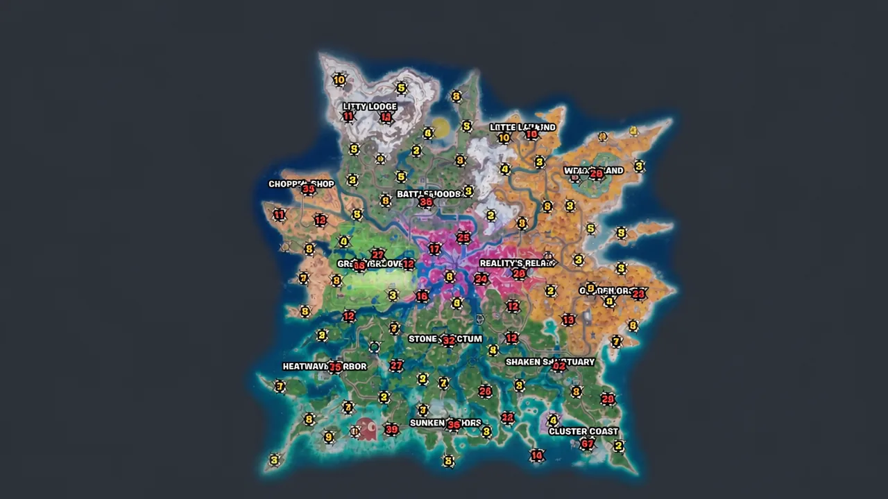 Full island map view listing named locations used to plan a Cheat Code route