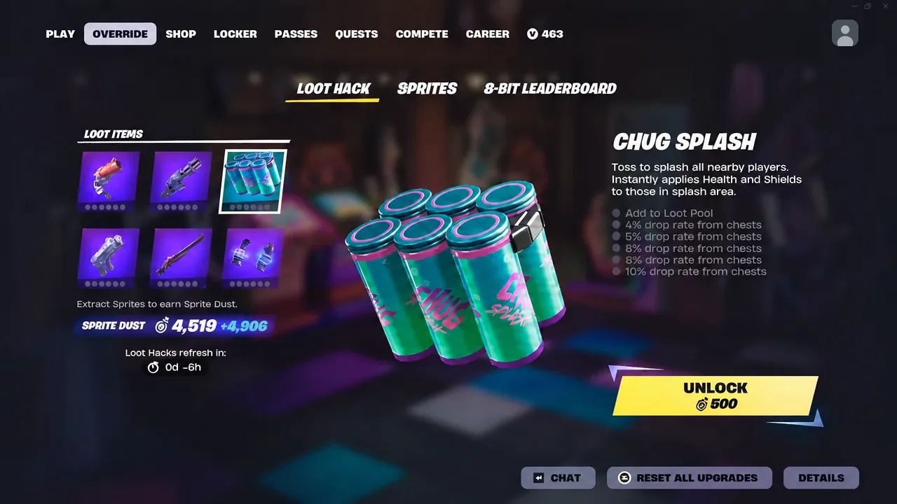Override menu with Chug Splash highlighted and a 500 Sprite Dust unlock cost displayed