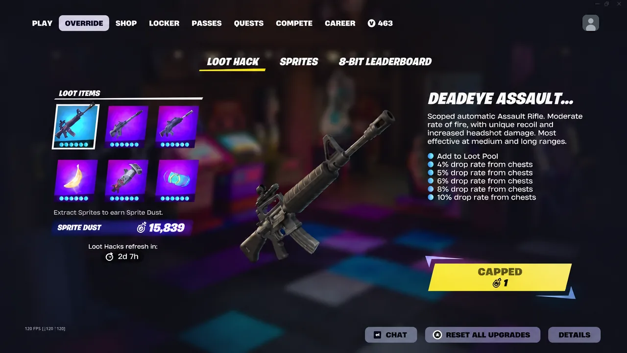 Loot Hack tab in the Override menu with the Deadeye Assault Rifle selected and fully upgraded