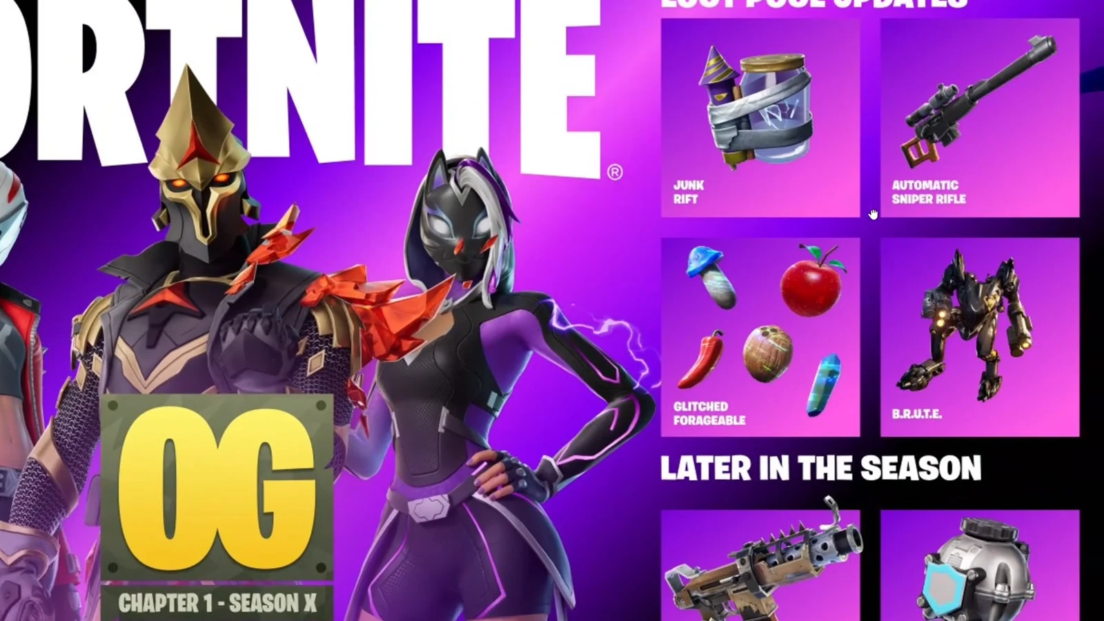 Fortnite OG Season X loot lineup showing the B.R.U.T.E. mech and other unvaulted items