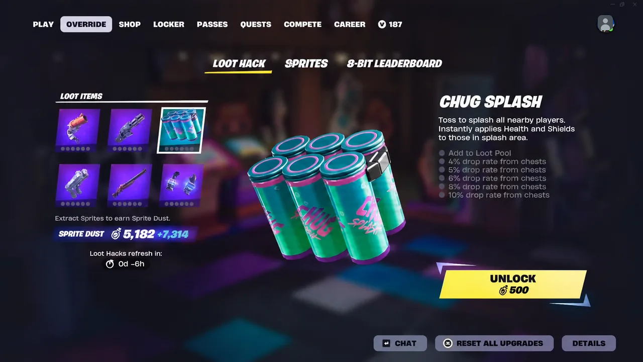 Override menu with Chug Splash highlighted and a 500 Sprite Dust unlock cost displayed