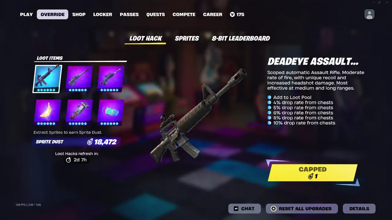Loot Hack tab in the Override menu with the Deadeye Assault Rifle selected and fully upgraded