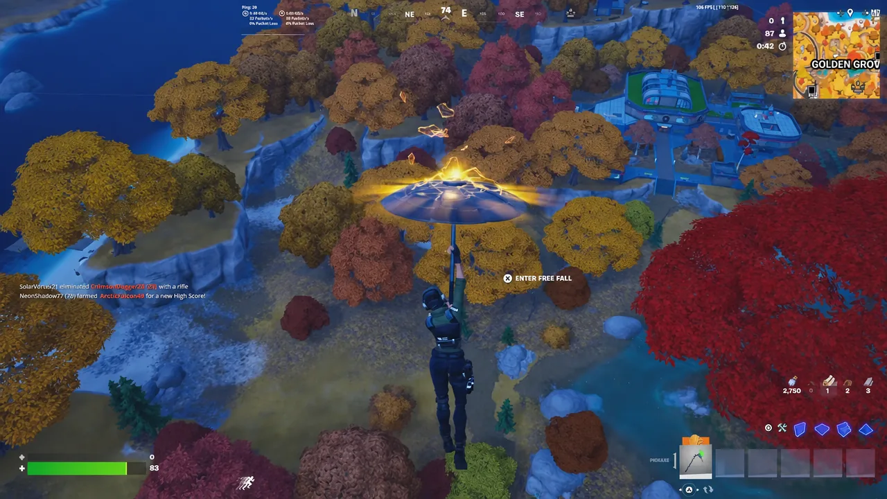 Gliding into Golden Grove, a strong drop spot for Cheat Codes and Sprite farming.