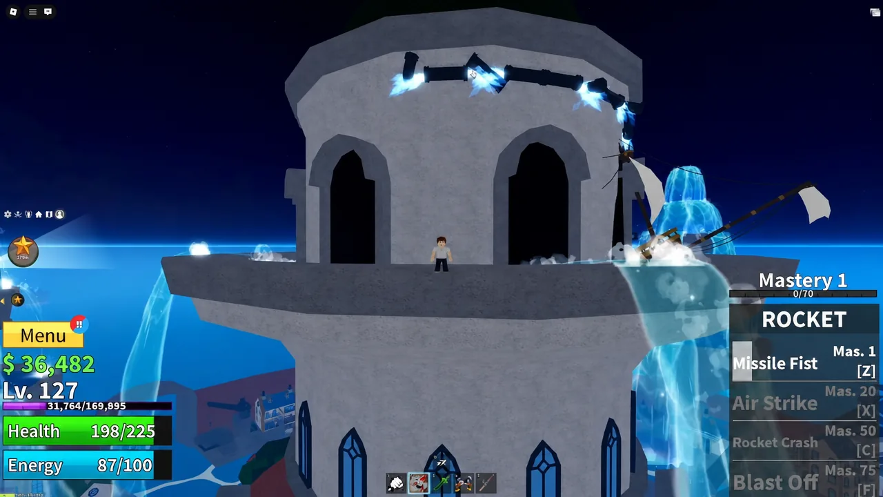 Rocket fruit ability bar showing Missile Fist [Z] while standing on the fountain tower