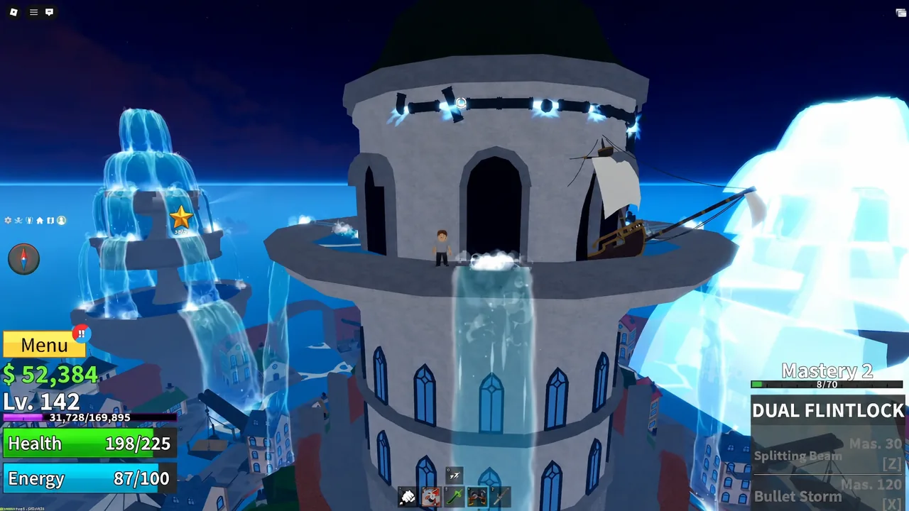 Player flying toward the lit central fountain tower in Fountain City