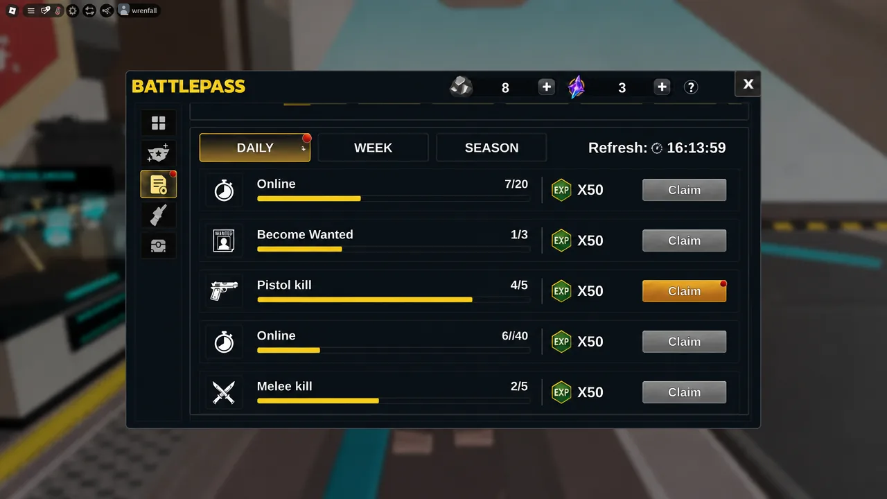 Battle Pass DAILY tab with a finished pistol kill mission and an active Claim button