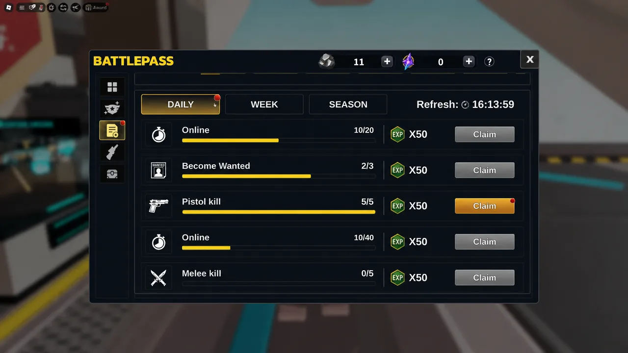 Battle Pass DAILY tab with a finished pistol kill mission and an active Claim button