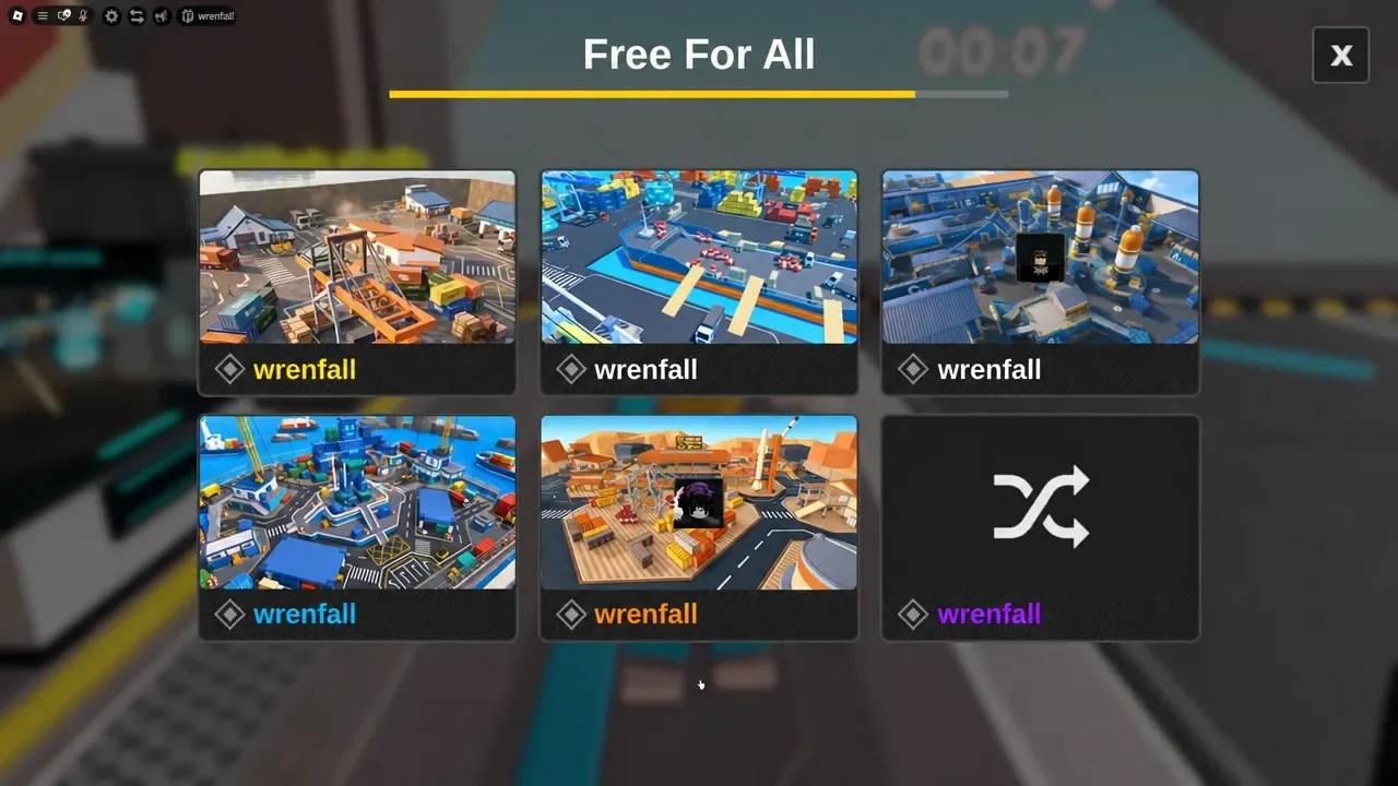 Free For All map vote listing Freight Depot, Harbor, Factory, Dockyard, Desert Camp and Random