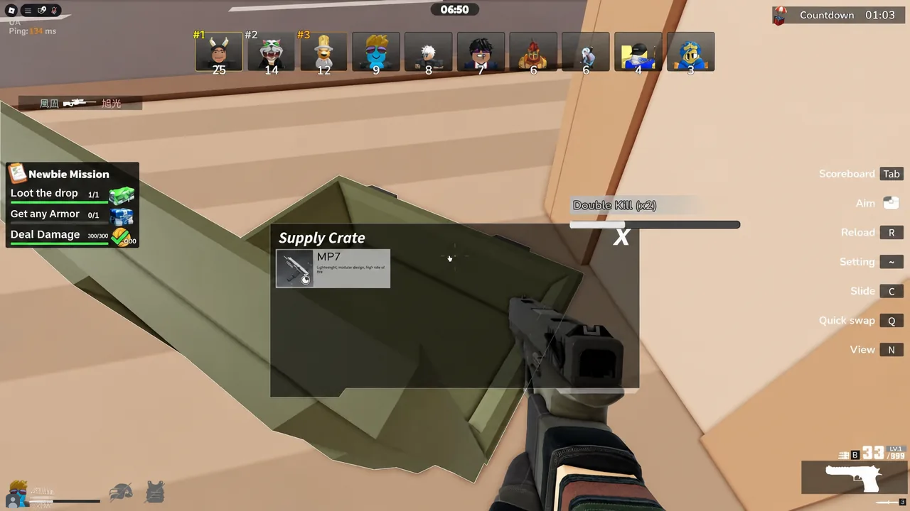 Green supply crate open in-game with the MP7 highlighted for pickup