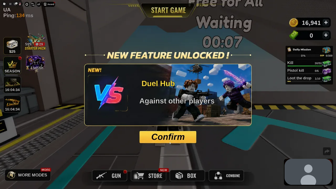 New Feature Unlocked dialog announcing the Duel Hub with a Confirm button