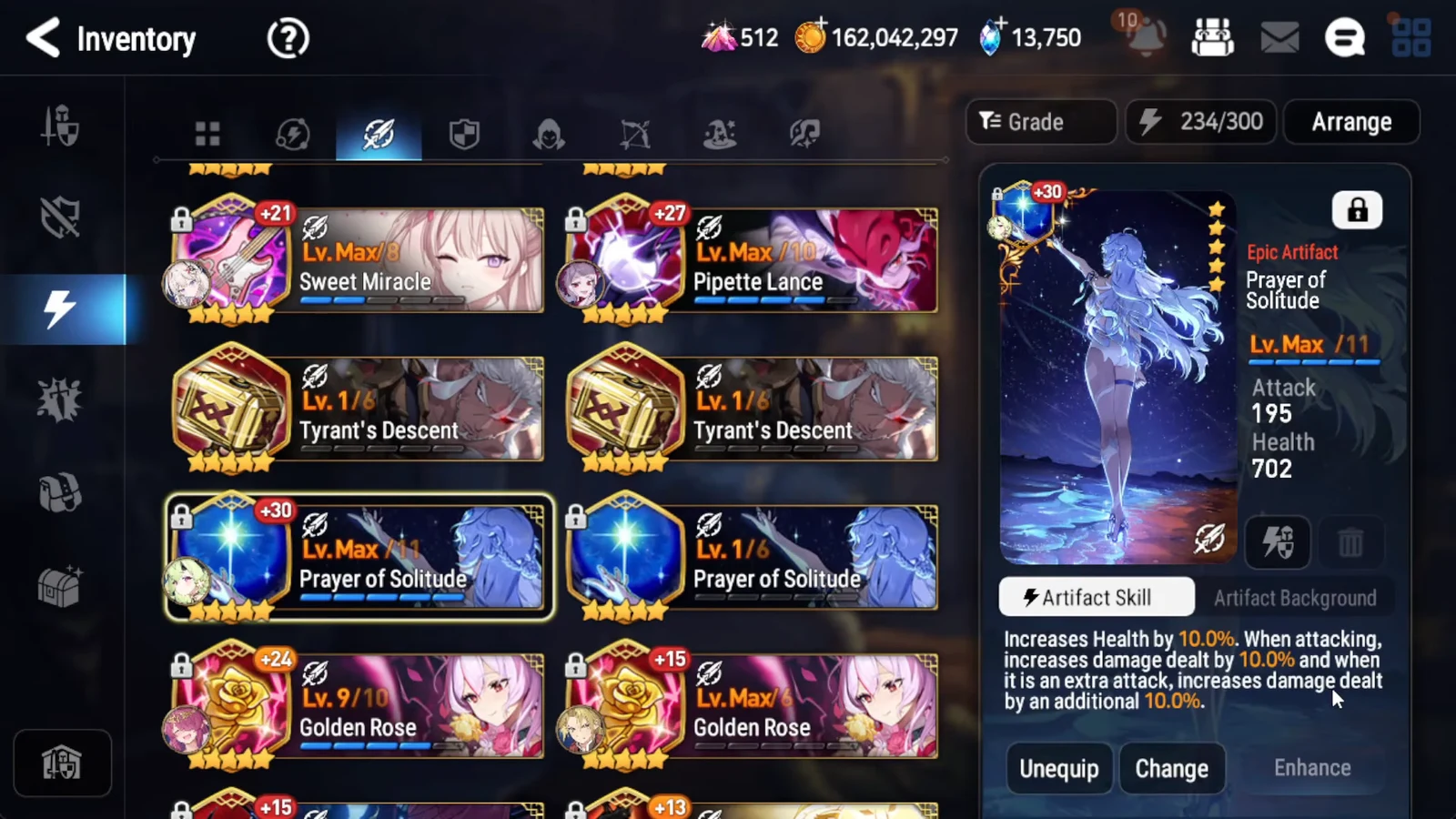 Prayer of Solitude equipped and selected in the inventory with its artifact skill description visible
