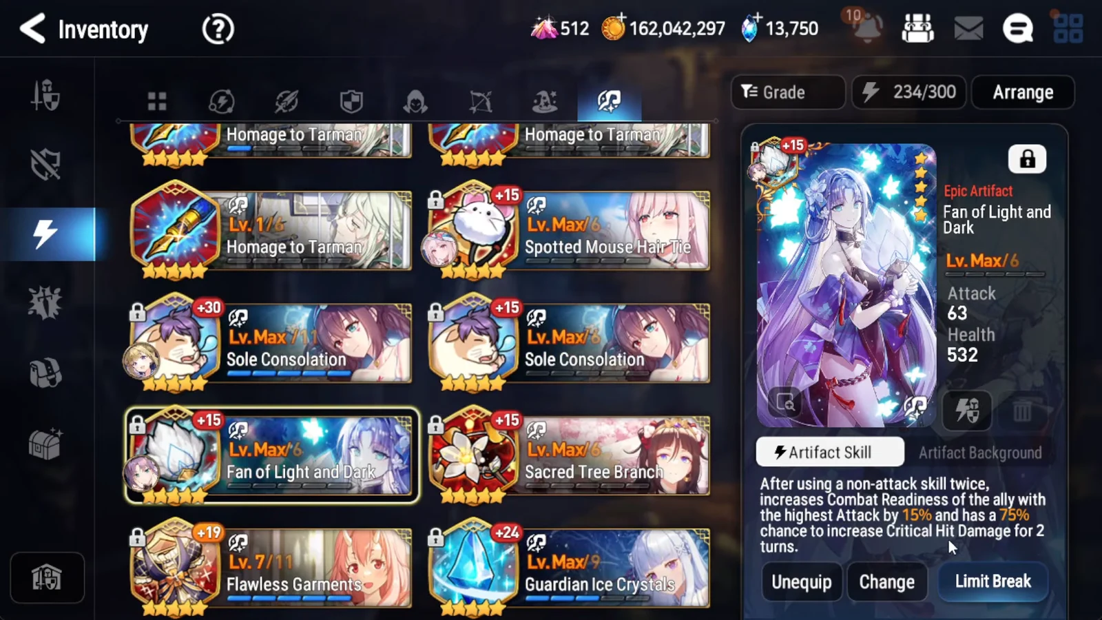Fan of Light and Dark highlighted in the artifact list with its details panel and Limit Break button