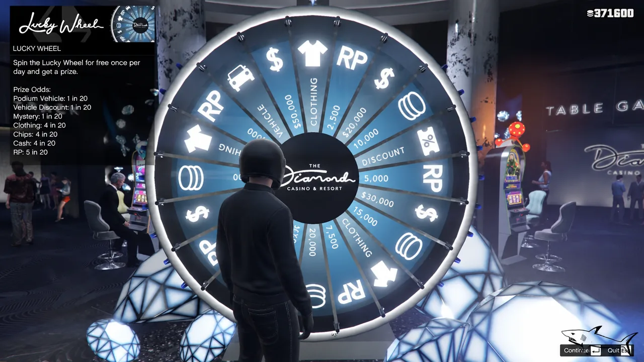 Lucky Wheel screen in the Diamond Casino with Continue highlighted before a spin