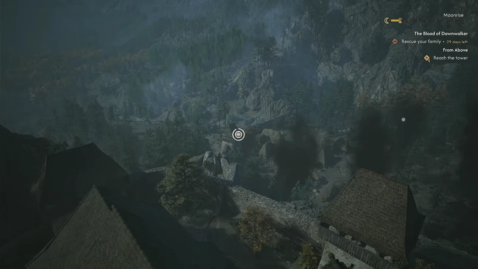 Square-button interaction prompt centered over a distant rooftop during the From Above quest